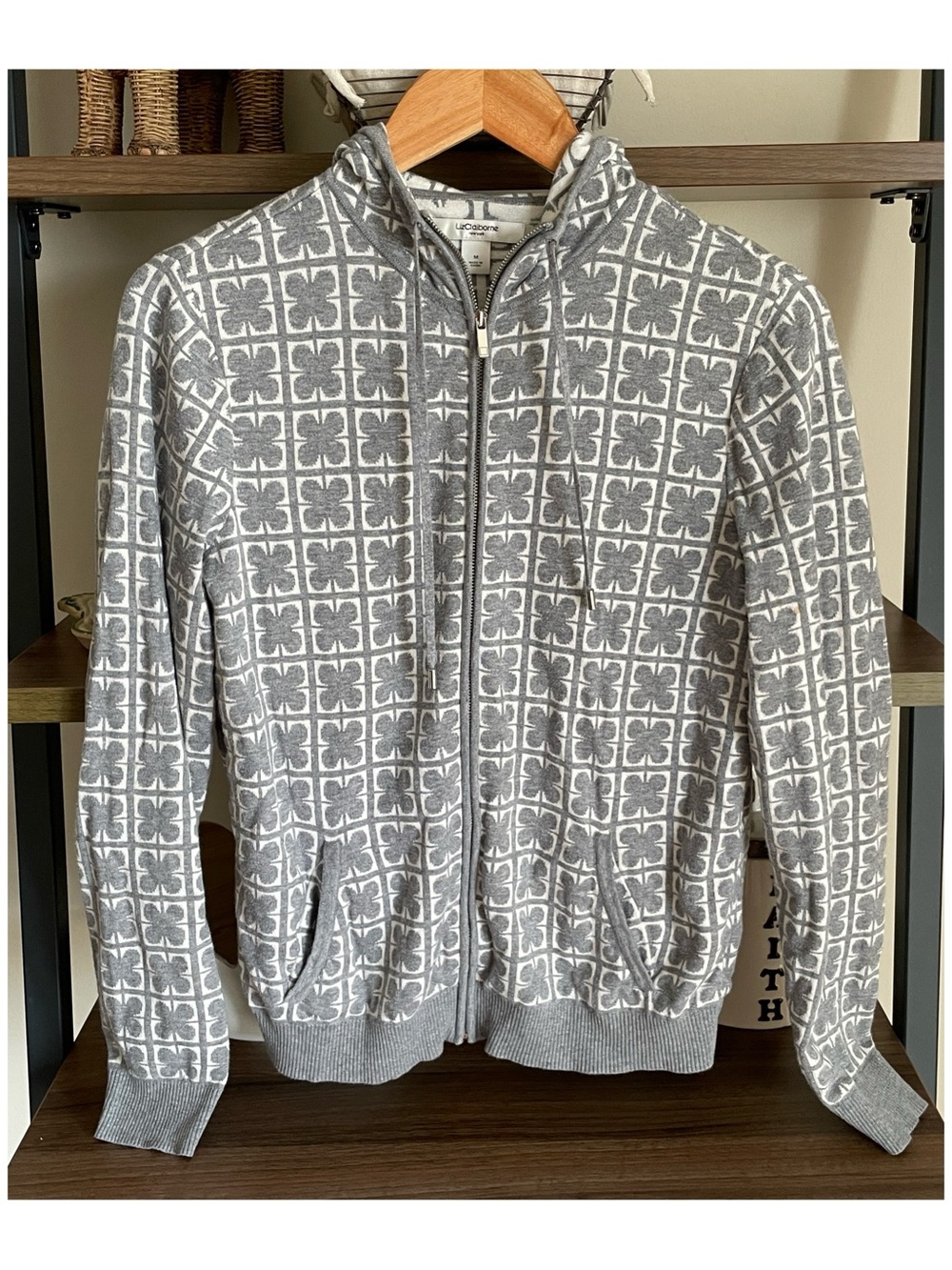 Liz Claiborne Gray and White Patterned Full-Zip Women's Sweater